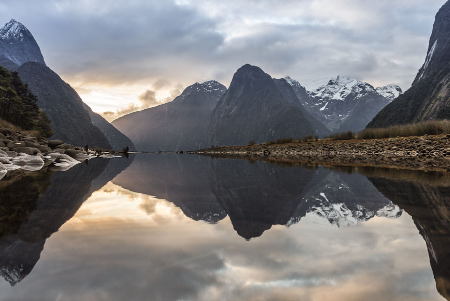 Milford Sound and reflection, Fiordland, New Zealand