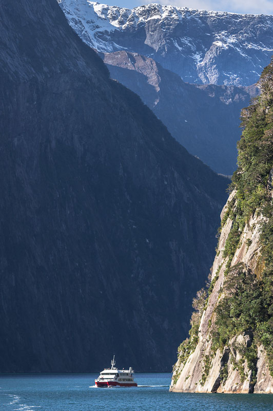Milford Sound bounded by steep cliffs, Fiordland, New Zealand